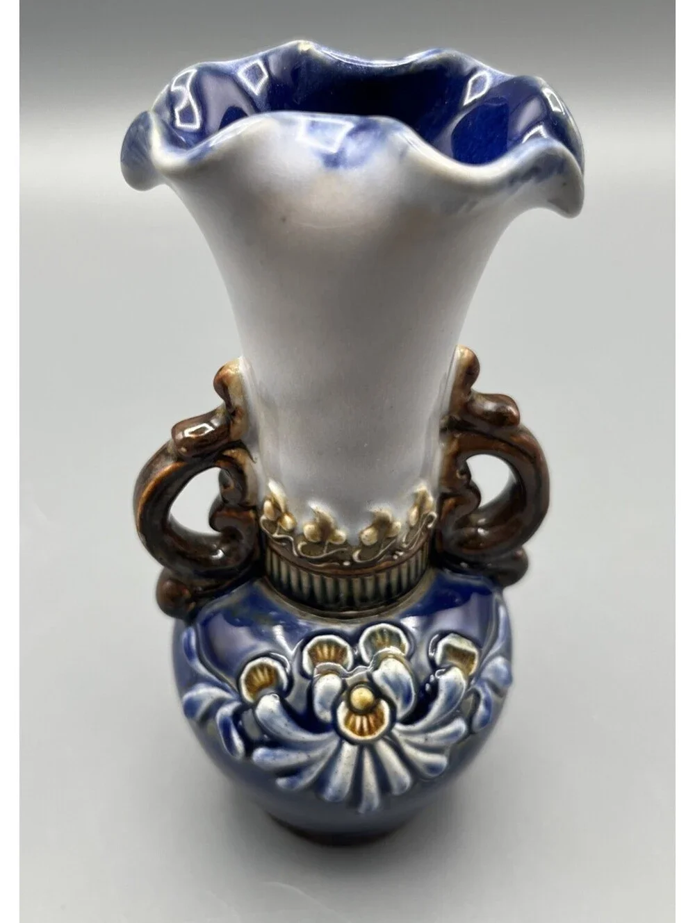 Doulton Lambeth Stoneware Vase Art Nouveau Blue Floral Relief Double Handles